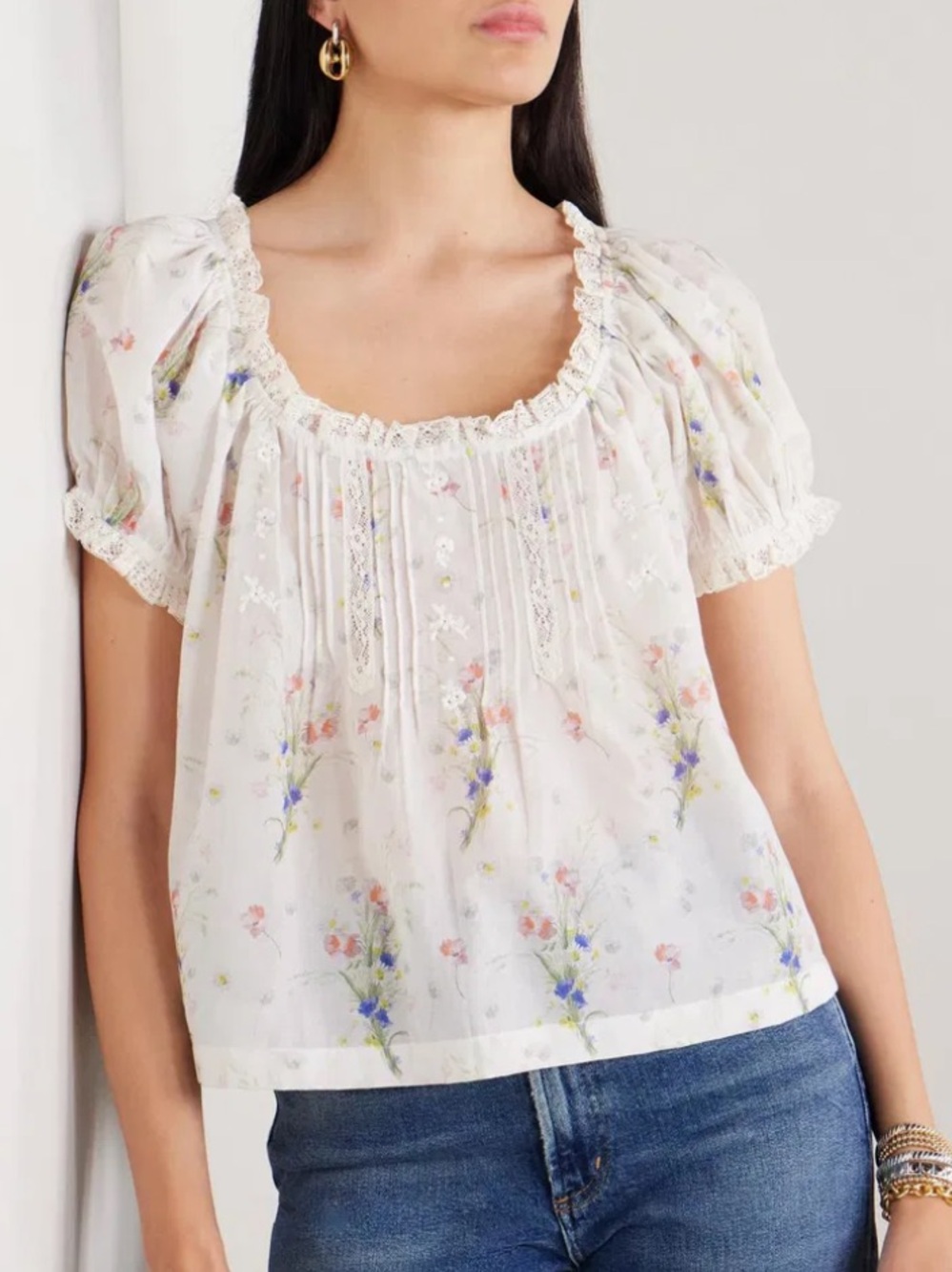 Doen Frederica Lace-Trimmed Floral Pintucked Organic Cotton-Voile Blouse Small